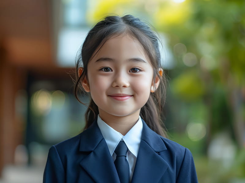 Smiling oriental female student in private school uniform